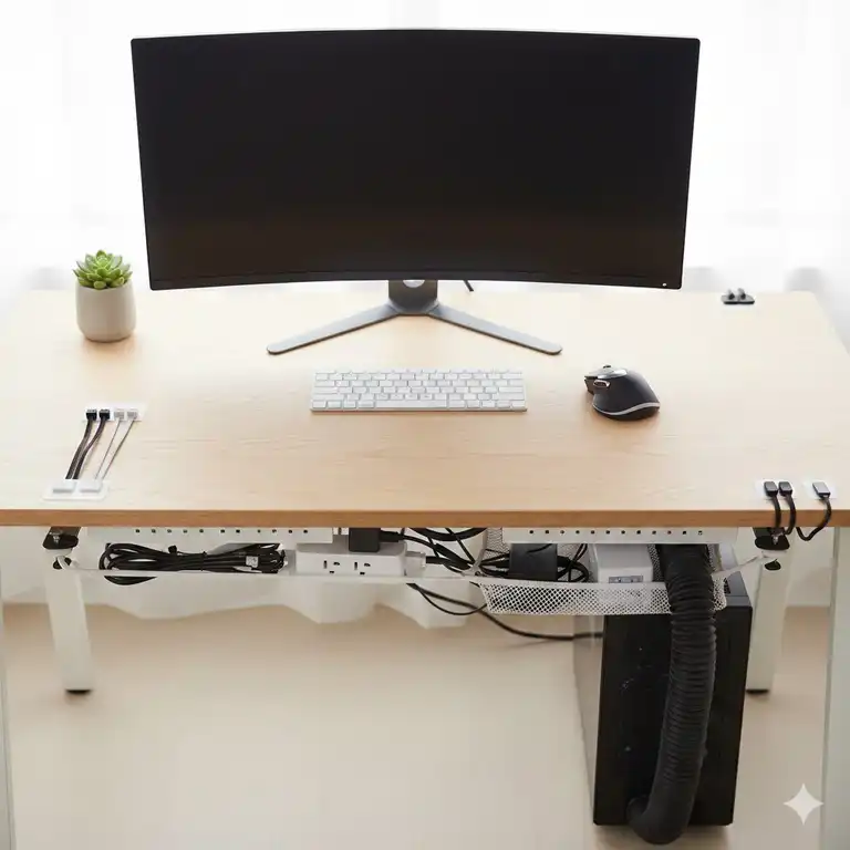 Kabelmanagement Schreibtisch ohne Bohren – Eine Gesamtlösung für einen aufgeräumten, kabellosen Arbeitsplatz mit selbstklebenden Befestigungen.