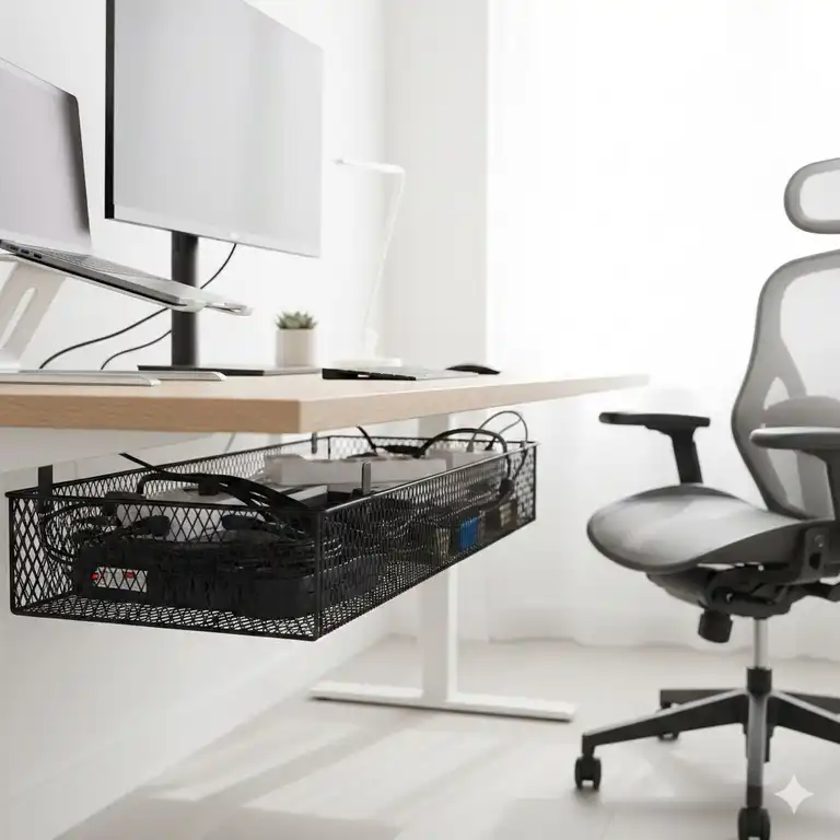 Das fertige, saubere Setup zeigt die installierte Kabelwanne Schreibtisch Montage: Die Kabelwanne unter der Schreibtischplatte, die alle Kabel versteckt.