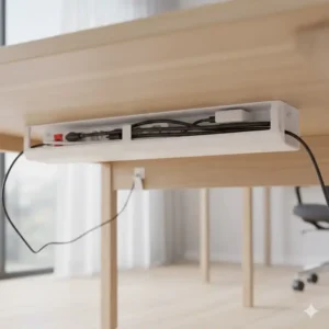 Kabelmanagement Schreibtisch ohne Bohren durch die Nutzung eines selbstklebenden Kabelkanals unter der Tischplatte.
