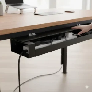 Der abklappbare kabelschacht schreibtisch metall ermöglicht den leichten Zugriff zum Nachrüsten von Kabeln und Steckern.