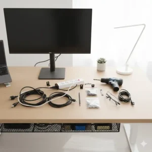 Kabelwanne Schreibtisch Montage Vorbereitung: Alle Werkzeuge und die Kabelwanne liegen bereit für die Installation.