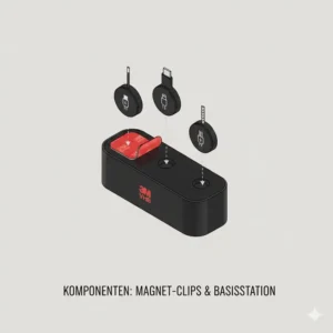 Darstellung der Einzelteile einer schreibtisch kabelhalterung magnetisch mit Basis und Clips.