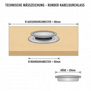 Technische Zeichnung mit den Maßen für einen kabeldurchlass schreibtisch rund (60mm Durchmesser).