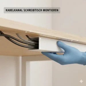 Detailaufnahme der Montage eines selbstklebenden Kabelkanals unter der Tischplatte, eine der besten schreibtisch kabel verstecken ideen.