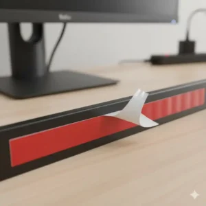 Nahaufnahme der Klebefläche am Schreibtisch Kabelkanal selbstklebend für starken Halt.