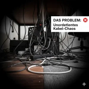 The "Before" Problem: A messy cable tangle under a desk, highlighting the need for the schreibtisch kabelkanal test solutions.