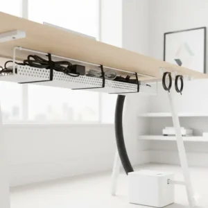 Eine robuste Kabelwanne als eine der besten schreibtisch kabelsammler ideen zur Montage unter der Tischplatte.