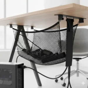 Kabelmanagement Schreibtisch ohne Bohren mit einer Klemm-Kabelwanne oder einem flexiblen Kabelnetz.