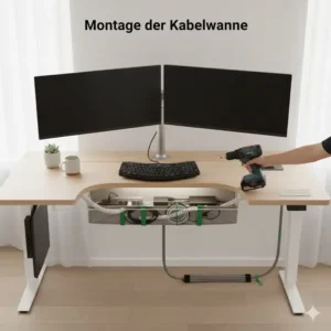 Montage der Kabelwanne unter dem Schreibtisch, bewertet im kabelmanagement schreibtisch test 2026.