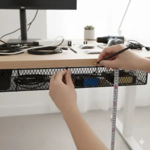 Positionierung und Anzeichnen der Bohrlöcher für die Kabelwanne Schreibtisch Montage unter dem Schreibtisch.