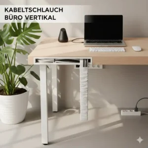 Flexibler Kabelschlauch (Spiralschlauch) in Weiß, der vertikal Kabelstränge bündelt: schreibtisch kabel verstecken ideen für Büros.