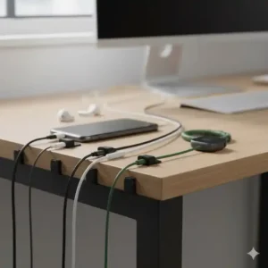 Diskrete schreibtisch kabelhalter empfehlung – selbstklebende Klemmen für Ladekabel.