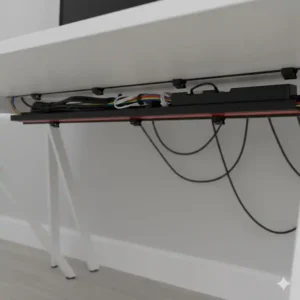 Ein unter der Tischplatte montierter Schreibtisch Kabelkanal selbstklebend sorgt für Ordnung.