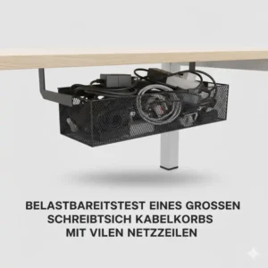 Hohe Belastbarkeit zeigt der schreibtisch kabelkorb groß bei vielen Kabeln und Netzteilen.