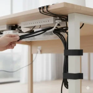 Kabelmanagement Schreibtisch ohne Bohren mithilfe von wiederverwendbaren Klettbindern und Kabelbindern zum Bündeln.
