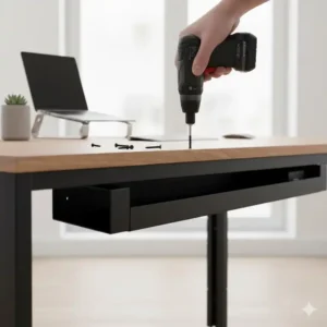 Detailaufnahme der einfachen Unter-Tisch-Montage des stabilen kabelschacht schreibtisch metall mit vorgebohrten Löchern.