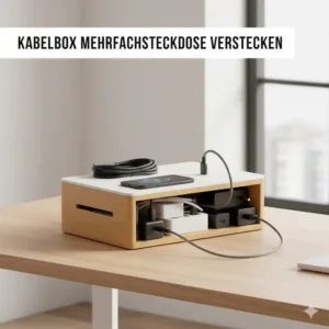 Dekorative Kabelbox aus Holz, die eine Mehrfachsteckdose verbirgt und eine effektive schreibtisch kabel verstecken ideen darstellt.