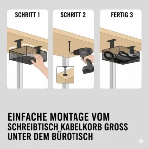 Schritt-für-Schritt Anleitung um den schreibtisch kabelkorb groß unter dem Tisch zu befestigen.