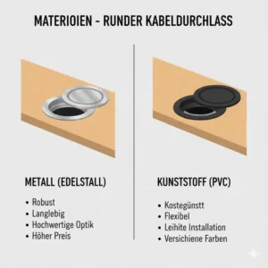Materialvergleich verschiedener Modelle für den kabeldurchlass schreibtisch rund aus Metall und Kunststoff.