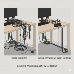 Vorher-Nachher-Vergleich zeigt die Ordnung durch eine schreibtisch kabelhalterung magnetisch.