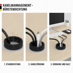 Detailansicht der Bürstendichtung bei einem kabeldurchlass schreibtisch rund für staubfreie Kabelführung.