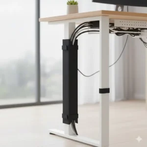 Kabelmanagement Schreibtisch ohne Bohren – Vertikale Kabelführung mit einem selbsthaftenden Kabelschlauch oder einer Spirale.