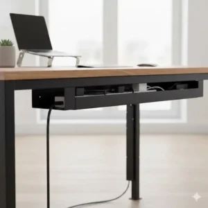 Ergänzung zur vertikalen Kabelführung: Der kabelschacht schreibtisch metall leitet die Kabel zum Boden weiter.