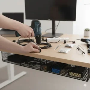 Befestigung der Halterungen an der Unterseite des Schreibtischs, um die Kabelwanne Schreibtisch Montage sicher abzuschließen.