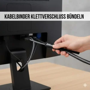 Wiederverwendbare Klett-Kabelbinder zum Bündeln von Kabeln hinter dem Monitor; einfache schreibtisch kabel verstecken ideen.