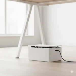 Eine minimalistische Kabelbox als Teil moderner schreibtisch kabelsammler ideen zum Verstecken von Mehrfachsteckern.
