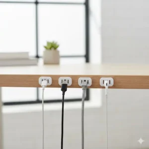 Kabelmanagement Schreibtisch ohne Bohren durch kleine, selbstklebende Silikon-Kabelclips an der Tischkante.