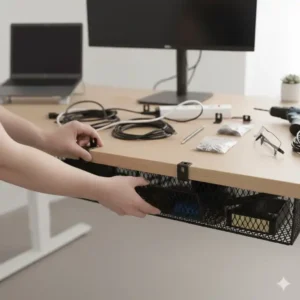 Die eigentliche Kabelwanne wird in die montierten Halterungen eingesetzt und fixiert, um die Kabelwanne Schreibtisch Montage zu vervollständigen.