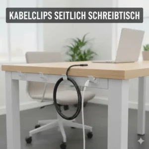 Unauffällige Kabelclips an der Tischseite, um Ladekabel griffbereit zu halten; clevere schreibtisch kabel verstecken ideen.