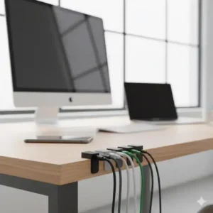 Günstige schreibtisch kabelhalter empfehlung – kleine Clips für Ladekabel am Rand.