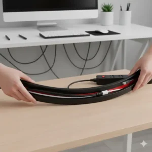 Flexibler Schreibtisch Kabelkanal selbstklebend für verschiedene Kabeltypen am Arbeitsplatz.