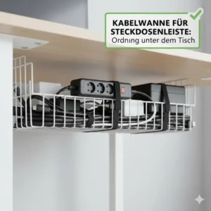 Power Strip Management: A large cable tray mounted under the desk, securing a power strip, crucial detail for the schreibtisch kabelkanal test.