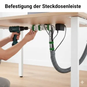 Befestigung der Steckdosenleiste unter der Tischplatte – ein wichtiges Detail im kabelmanagement schreibtisch test 2026.