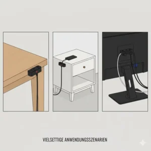 Die schreibtisch kabelhalterung magnetisch im Einsatz an verschiedenen Möbelstücken.