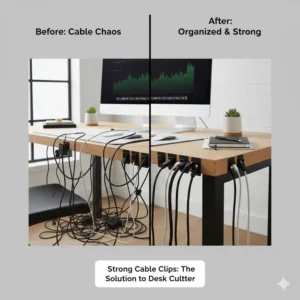 Ein direkter Vergleich zeigt das Kabelchaos vorher und die Ordnung nach der Nutzung der kabelclips schreibtisch stark.