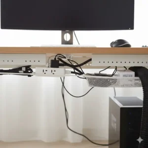 Kabelmanagement Schreibtisch ohne Bohren – Befestigung einer Steckdosenleiste mit starken Klebepads unter dem Tisch.