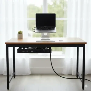 Der aufgeräumte Büroarbeitsplatz wird durch den unsichtbaren kabelschacht schreibtisch metall erreicht.