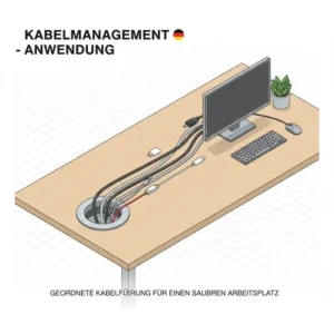 Beispielhafte Nutzung für einen kabeldurchlass schreibtisch rund mit mehreren Strom- und Datenkabeln.