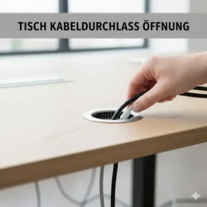 Nahansicht eines integrierten Kabeldurchlasses im Tisch, um Monitorkabel schnell zu verstecken – schreibtisch kabel verstecken ideen.