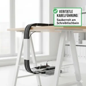 Vertical Management: A dedicated channel guiding cables down a desk leg to the floor, assessed in the schreibtisch kabelkanal test.