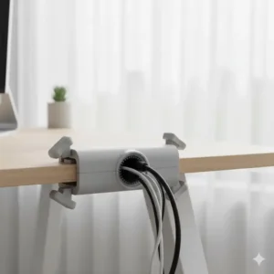 Kabelmanagement Schreibtisch ohne Bohren mit einer klemmbaren Führungsklemme für Kabel, die über die Tischkante läuft.