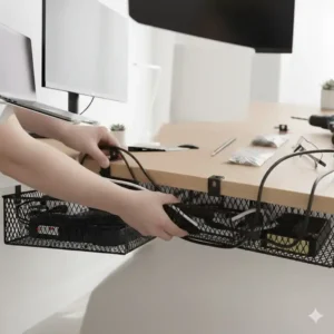 Integration einer Steckdosenleiste in die Kabelwanne zur zentralen Stromversorgung, ideal für die Kabelwanne Schreibtisch Montage.