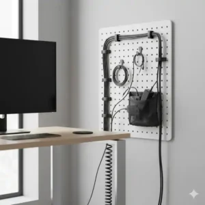 Kreative schreibtisch kabelhalter empfehlung – Lochwand zur vertikalen Organisation von Netzteilen.