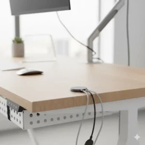 Integrierte Kabeldurchführungen mit Bürsten sind diskrete schreibtisch kabelsammler ideen für das Desktop-Management.