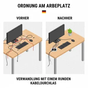 Vorher-Nachher-Effekt am Arbeitsplatz durch den Einsatz vom kabeldurchlass schreibtisch rund.