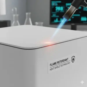 Nahaufnahme einer kabelmanagement box hitzebeständig beim Materialtest zum Schutz vor Überhitzung.